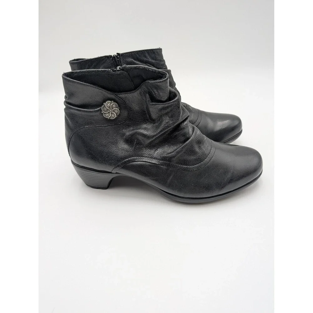 Romika Boots Womens‎ Size 6.5 Black Leather Ruched Ankle Bootie Low Heel Shoes